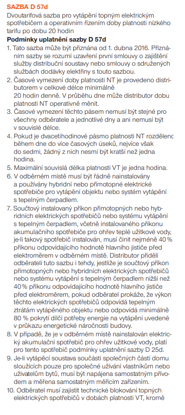 PODMÍNKY ČEZ DISTRIBUCE D57d - NOČNÍ PROUD 20 HOD SNÍŽENÁ SAZBA